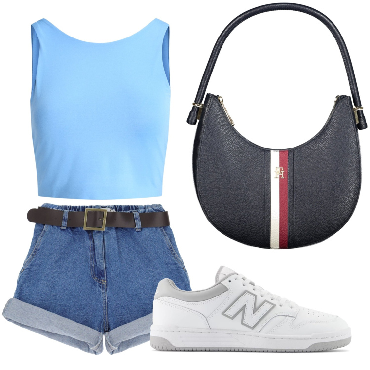 Outfit donna - Aperitivo. Stile Trendy per Tutti i giorni. Abbinamento con shorts, sneakers, canottiere, borse a spalla.