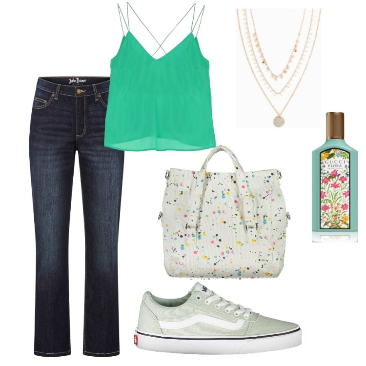 Outfit donna - Afternoon. Stile Casual chic per Tutti i giorni. Abbinamento con collane, jeans dritti, profumi, top, borse a spalla, scarpe sportive.