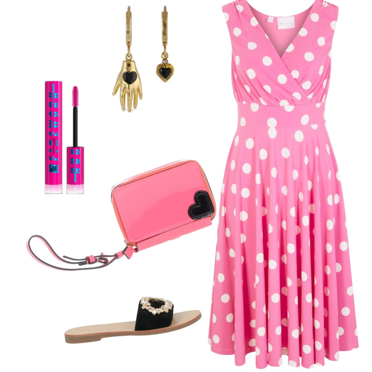 Outfit donna - Positano. Stile Glamour per Mare. Abbinamento con vestiti, borse a mano, sandali in pelle, mascara, orecchini.