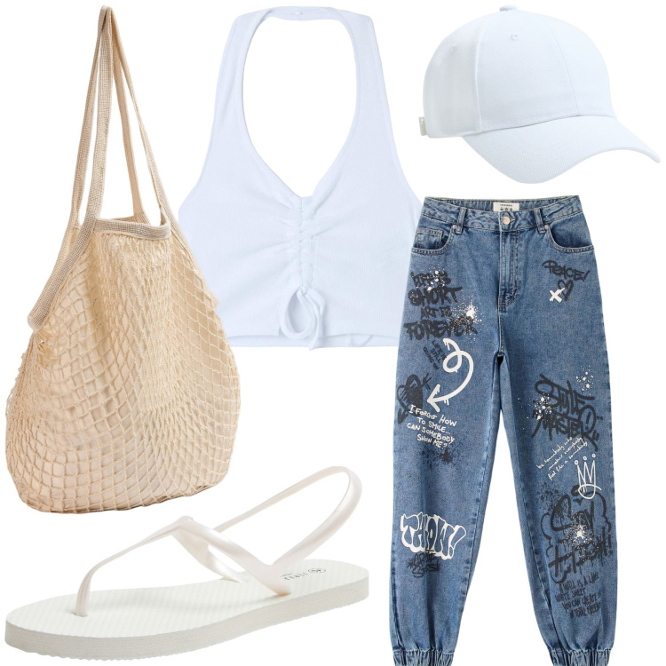 Outfit donna - Lungomare. Stile Basic per Mare. Abbinamento con sandali, cappelli, jeans, borse a spalla, top.