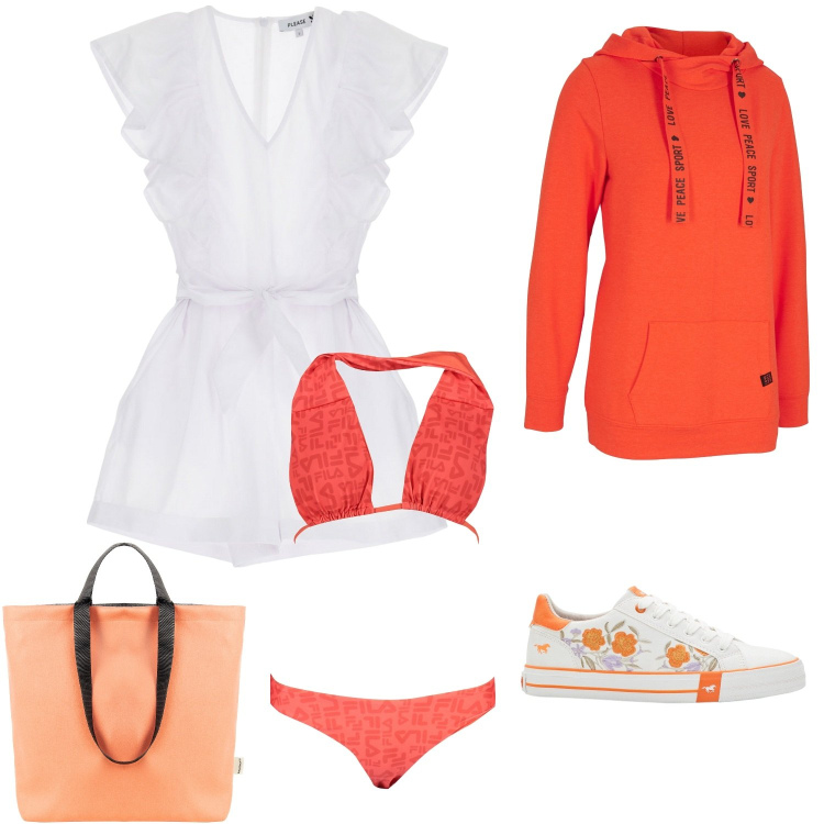 Outfit donna - Pic nic in spiaggia al tramonto. Stile Urban per Mare. Abbinamento con sneakers, felpe con cappuccio, borse tote, vestiti corti, bikini.