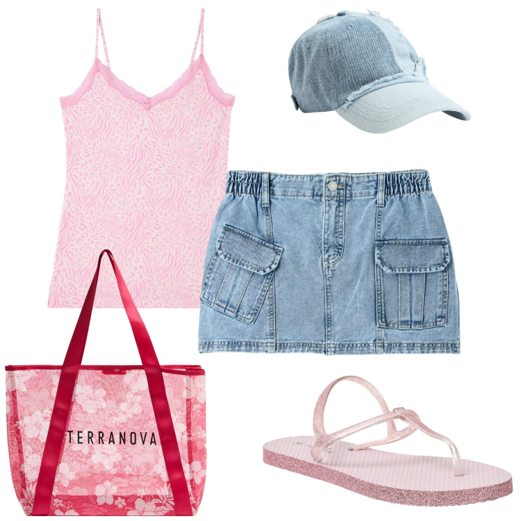 Outfit donna - Vacanza con Terranova. Stile Casual per Mare. Abbinamento con canottiere, sandali, shopping bag, minigonne, cappelli.