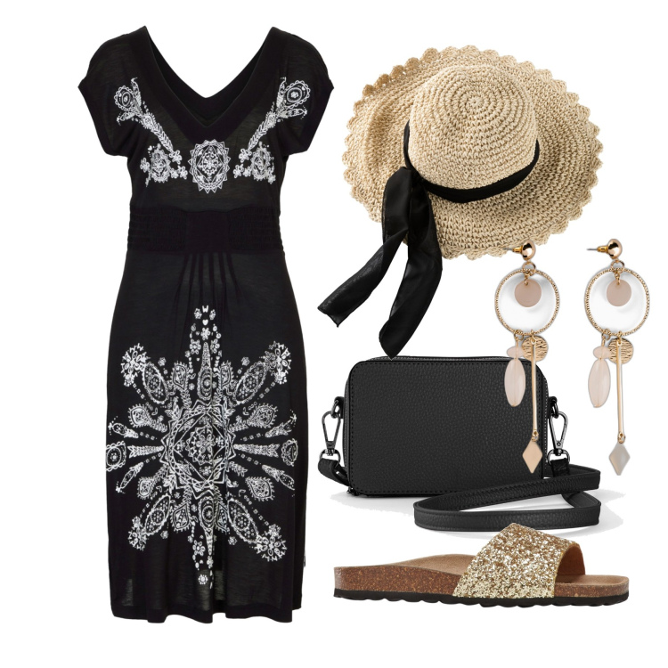 Outfit donna - Ghost outfitter - luglio. Stile Trendy per Tutti i giorni. Abbinamento con ciabatte, borse a tracolla, orecchini, cappelli, vestiti da spiaggia, tute.