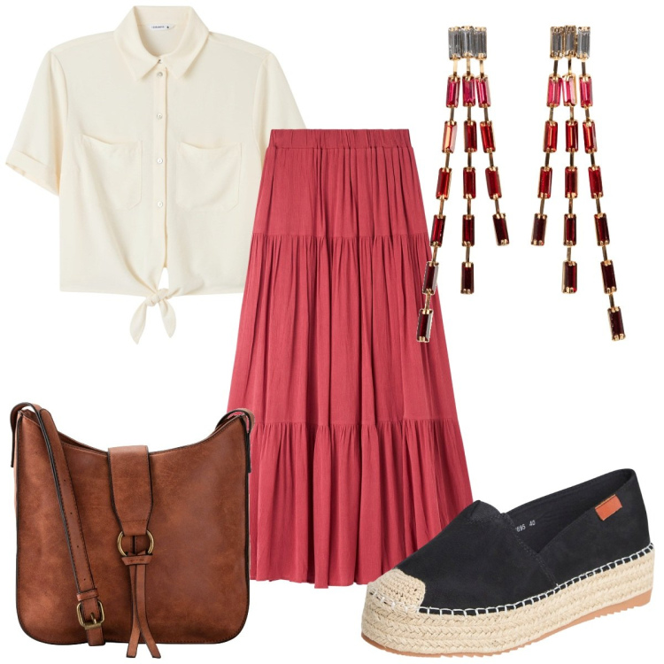 Outfit donna - Total look #1925829. Stile Trendy per Tutti i giorni. Abbinamento con borse a tracolla, orecchini, gonne lunghe, espadrillas, camicie a manica corta.