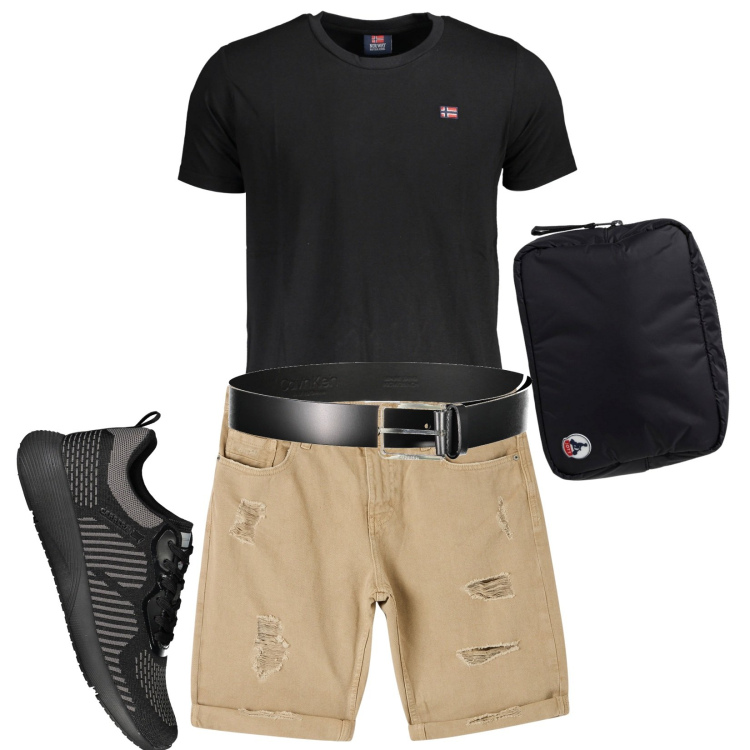 Outfit uomo - L\'uomo sexy. Stile Casual per Tutti i giorni. Abbinamento con bermuda, t-shirt, cinture, scarpe sportive, borse sportive.