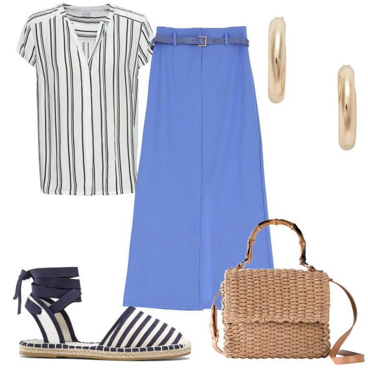 Outfit donna - Total look #1925833. Stile Trendy per Tutti i giorni. Abbinamento con camicie a manica corta, borse a mano, espadrillas, gonne lunghe, orecchini.