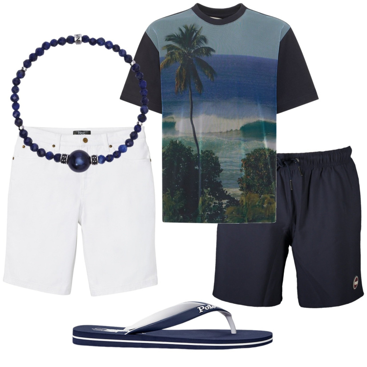Outfit uomo - Colmar blu. Stile Casual per Mare. Abbinamento con bermuda, braccialetti, sandali, t-shirt, costumi.