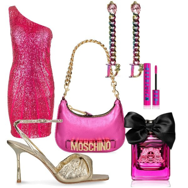 Outfit donna - dance in discoteque. Stile Glamour per Serata fuori. Abbinamento con profumi, mascara, vestiti asimmetrici, sandali in pelle, borse a mano, orecchini.