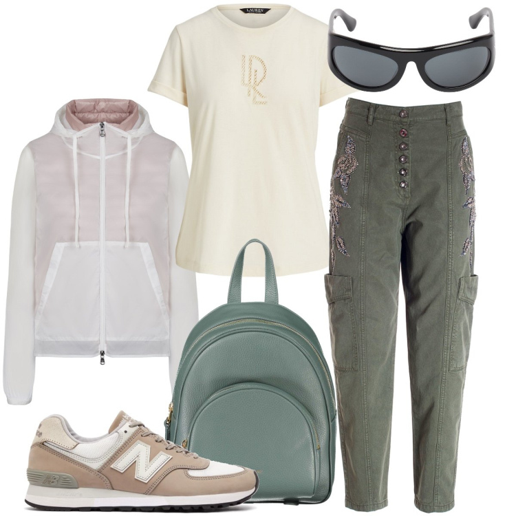 Outfit donna - Si parte per la montagna. Stile Sporty chic per Tutti i giorni. Abbinamento con sneakers, pantaloni, t-shirt, blazer, zaini, occhiali da sole.