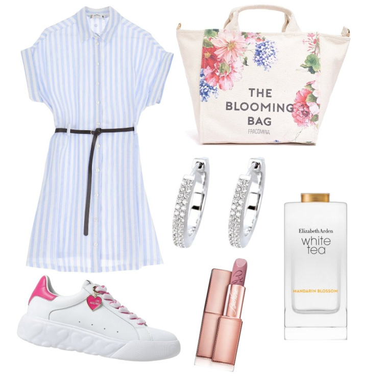 Outfit donna - Fresca e leggera. Stile Romantica per Tutti i giorni. Abbinamento con profumi, rossetti, orecchini, vestiti corti, borse tote, sneakers.