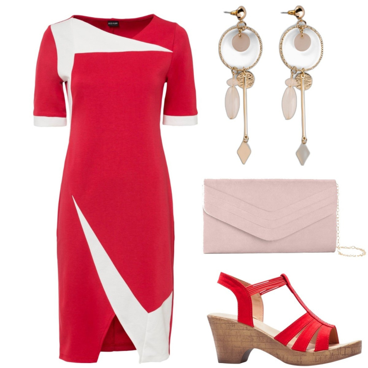 Outfit donna - Rosso con il rosa. Stile Bon Ton per Serata fuori. Abbinamento con orecchini, pochette, vestiti a tubino, sandali.