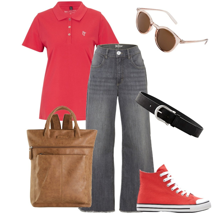 Outfit donna - Giornata basic. Stile Basic per Tutti i giorni. Abbinamento con jeans, cinture, occhiali da sole, zaini, sneakers alte, polo.