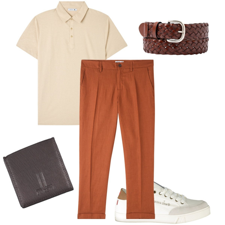 Outfit uomo - I pantaloni color ruggine. Stile Business/Elegante per Ufficio. Abbinamento con polo, pantaloni chino, cinture, sneakers, portamonete.