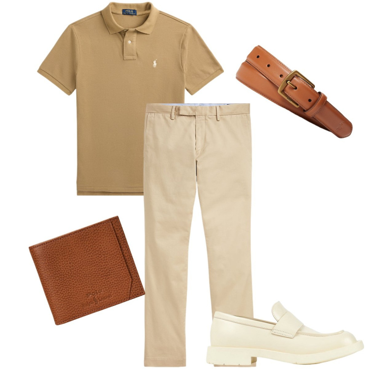 Outfit uomo - Toni chiari. Stile Business/Elegante per Ufficio. Abbinamento con cinture, pantaloni chino, polo, portafogli, scarpe stringate.