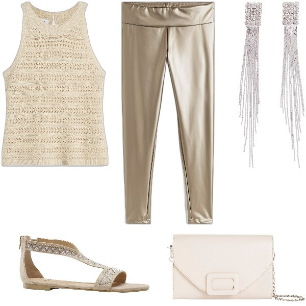 Outfit donna - Total look #1925897. Stile Glamour per Serata fuori. Abbinamento con orecchini, leggings, top, sandali, pochette.