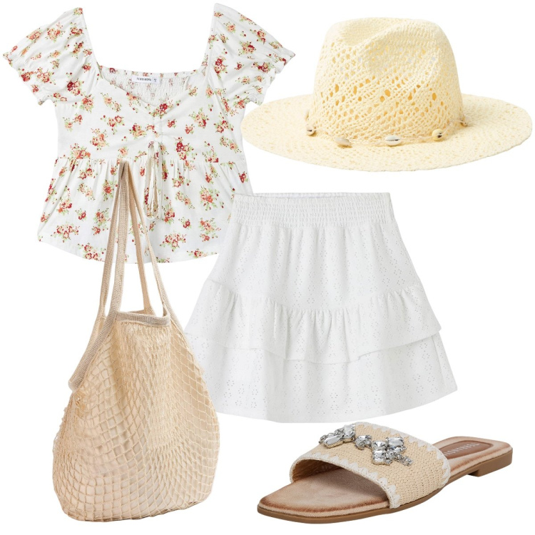 Outfit donna - Total look #1925905. Stile Romantica per Tutti i giorni. Abbinamento con ciabatte, minigonne, borse a spalla, bluse, cappelli.