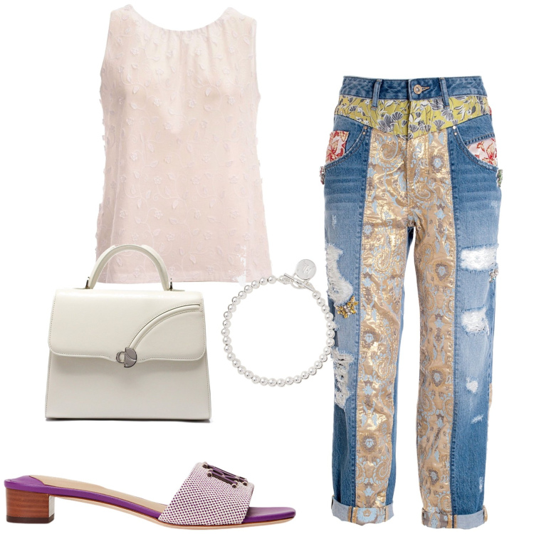 Outfit donna - Pantalone originale. Stile Trendy per Tutti i giorni. Abbinamento con jeans boyfriend, braccialetti, sandali col tacco, borse a mano, top.