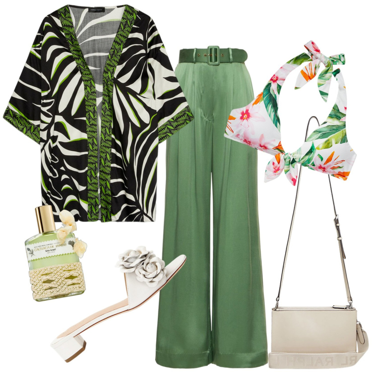 Outfit donna - Total look #1925911. Stile Casual chic per Mare. Abbinamento con profumi, borse a tracolla, sandali in pelle, top, pantaloni, kimono.