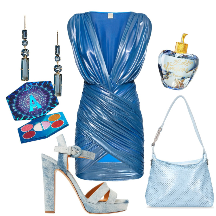 Outfit donna - D. Stile Sexy per Serata fuori. Abbinamento con profumi, blush, sandali col tacco, orecchini, borse a mano, vestiti.