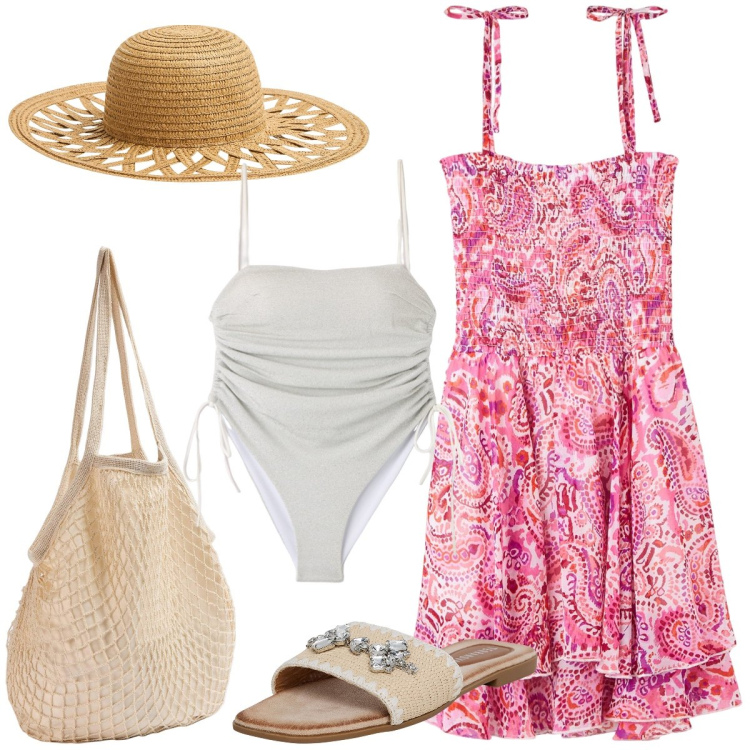 Outfit donna - Total look #1925921. Stile Romantica per Mare. Abbinamento con ciabatte, vestiti, costumi interi, borse a spalla, cappelli.