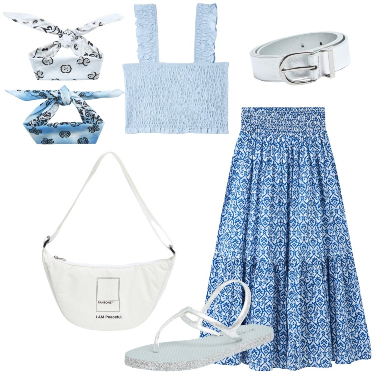 Outfit donna - Total look #1925924. Stile Boho per Tutti i giorni. Abbinamento con marsupi, sandali, top, gonne lunghe, cinture, fasce per capelli.