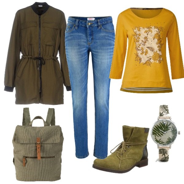 Outfit donna - Passeggiata nel bosco. Stile Trendy per Tutti i giorni. Abbinamento con jeans skinny, borse a tracolla, soprabito collo tondo a maniche lunghe con zip interno foderato in tessuto tecnico tinta unita, t-shirt a maniche lunghe giallo e oro, stivali beige, orologio con cinturino in denim forma intrecciata.