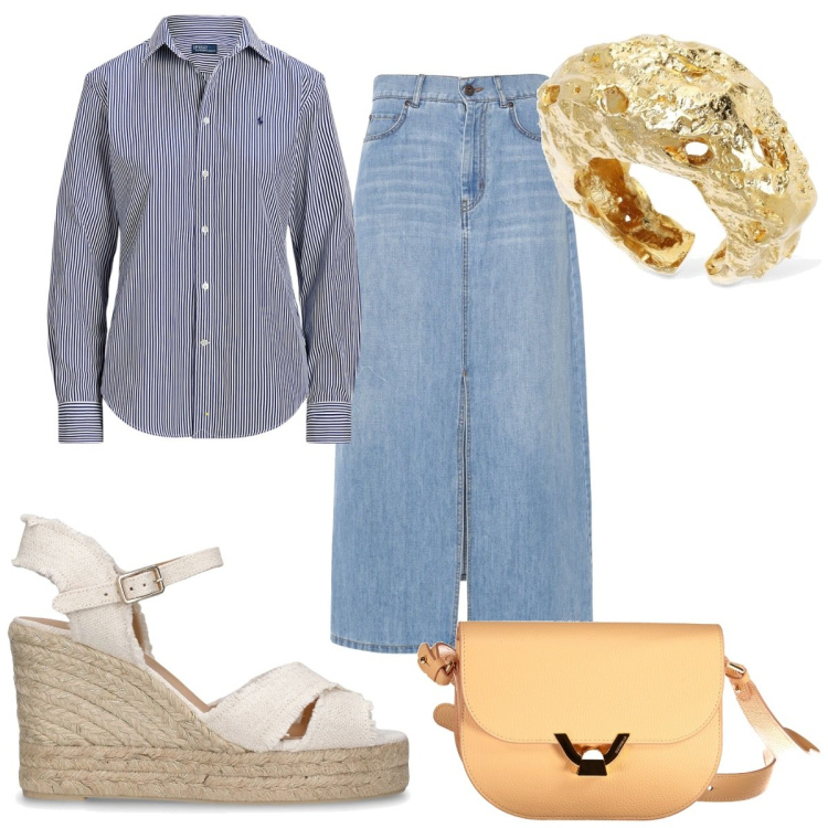 Outfit donna - Total look #1925935. Stile Trendy per Tutti i giorni. Abbinamento con camicie, gonne longuette, anelli, espadrillas, borse a tracolla.