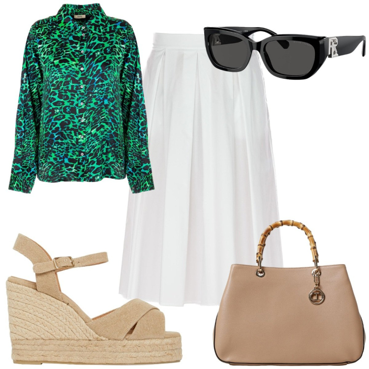 Outfit donna - Total look #1925936. Stile Trendy per Tutti i giorni. Abbinamento con camicie, occhiali da sole, borse a mano, gonne longuette, espadrillas.