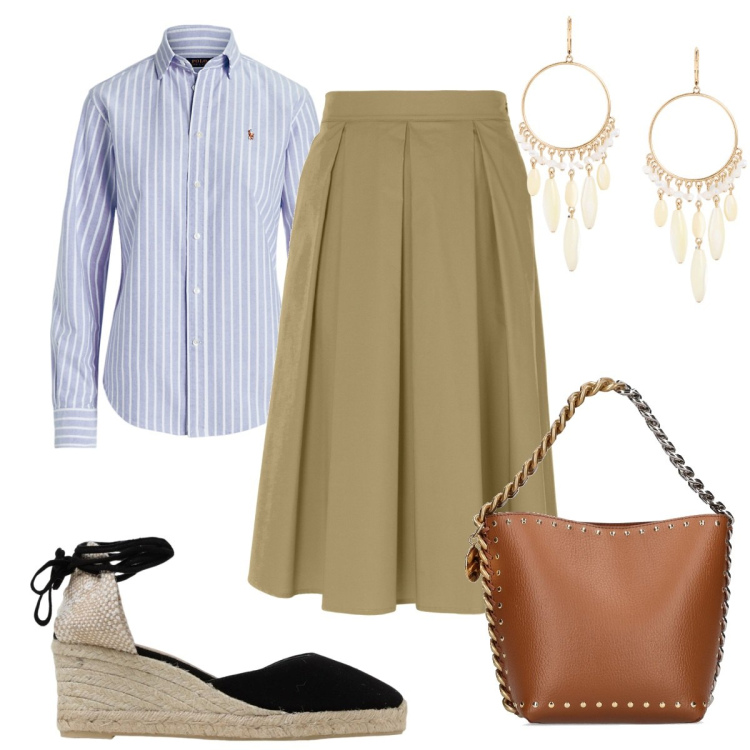 Outfit donna - Total look #1925941. Stile Trendy per Tutti i giorni. Abbinamento con camicie, orecchini, gonne longuette, borse a secchiello, espadrillas.