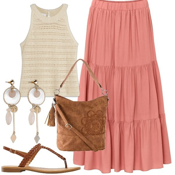 Outfit donna - Total look #1925944. Stile Boho per Mare. Abbinamento con gonne longuette, borse a mano, orecchini, top, ciabatte.