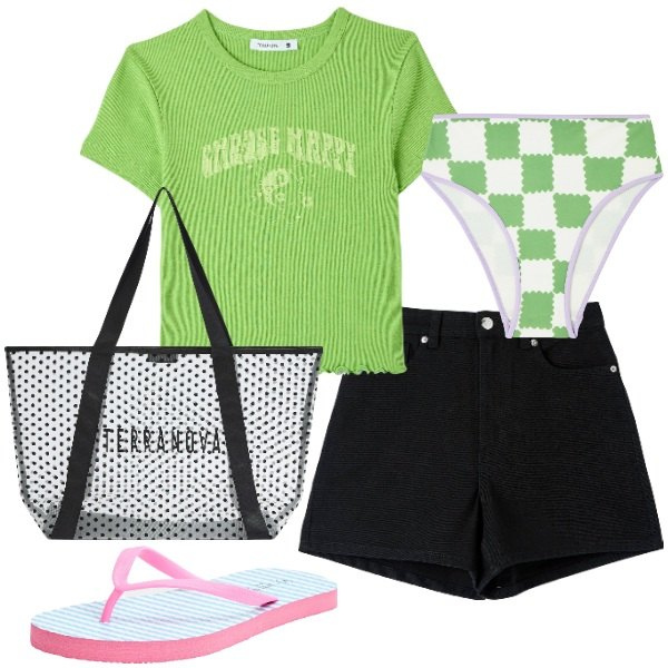 Outfit donna - Total look #1925945. Stile Basic per Mare. Abbinamento con bikini, shorts, t-shirt, infradito, shopping bag.