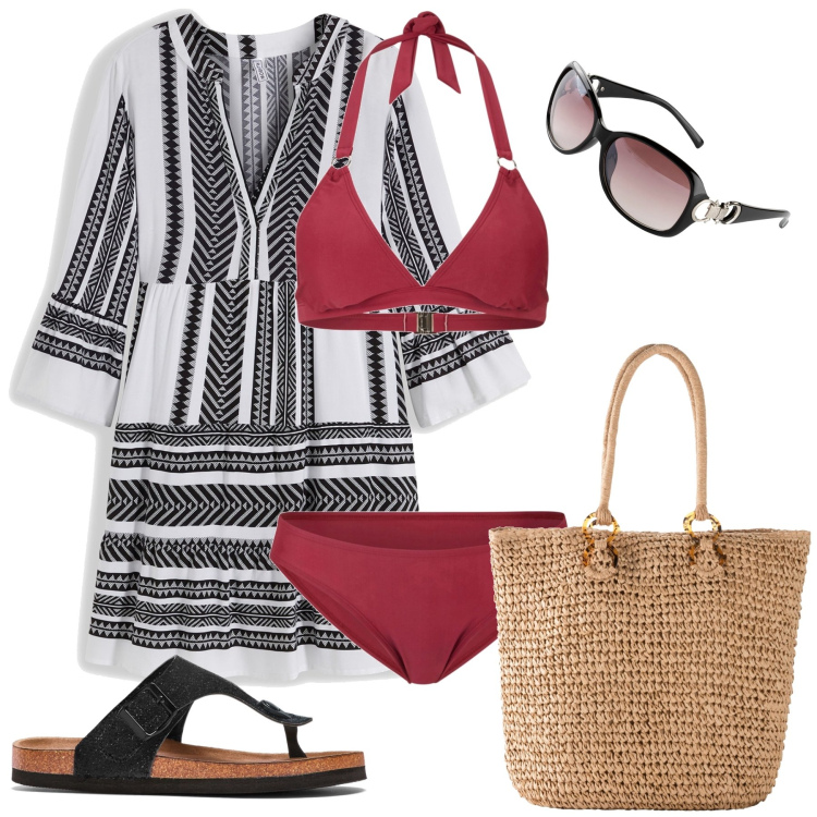 Outfit donna - Abito chemisier bianco e nero. Stile Casual per Mare. Abbinamento con infradito, vestiti corti, bikini, shopping bag, occhiali da sole.