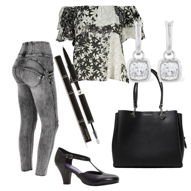 Outfit donna - Total look #1925980. Stile Glamour per Serata fuori. Abbinamento con décolleté, eyeliner, jeans skinny, t-shirt, orecchini, borse a spalla.