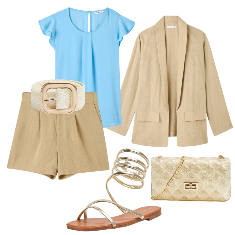 Outfit donna - Abbinamento “capsula”, giorno/sera. Stile Trendy per Tutti i giorni. Abbinamento con bermuda, bluse, borse a tracolla, blazer, sandali, cinture.