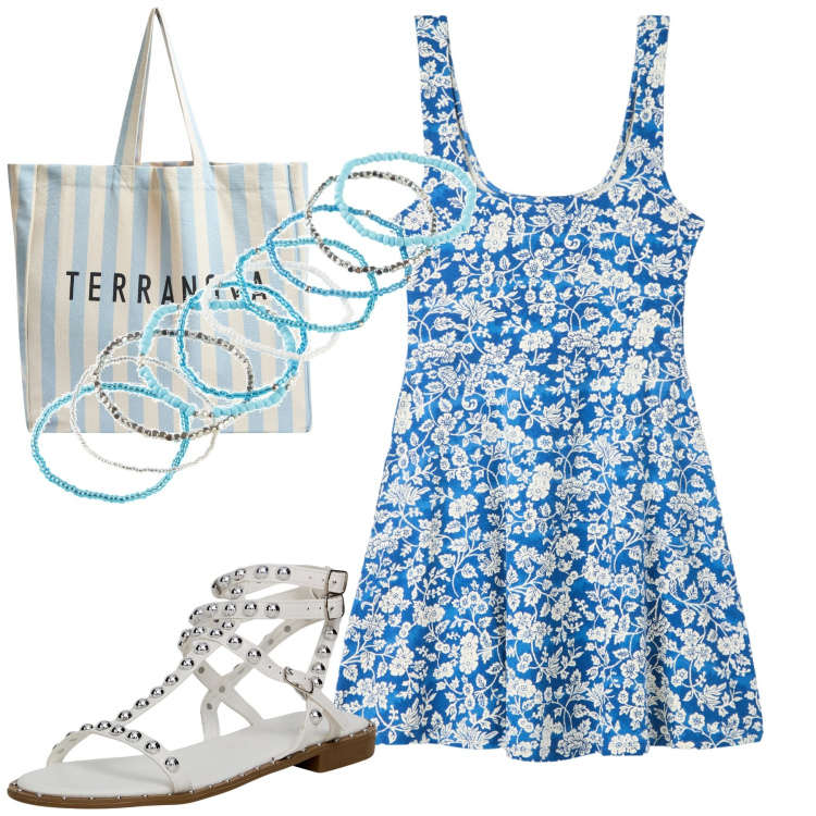 Outfit donna - Mare. Stile Romantica per Mare. Abbinamento con braccialetti, vestiti corti, borse tote, sandali.
