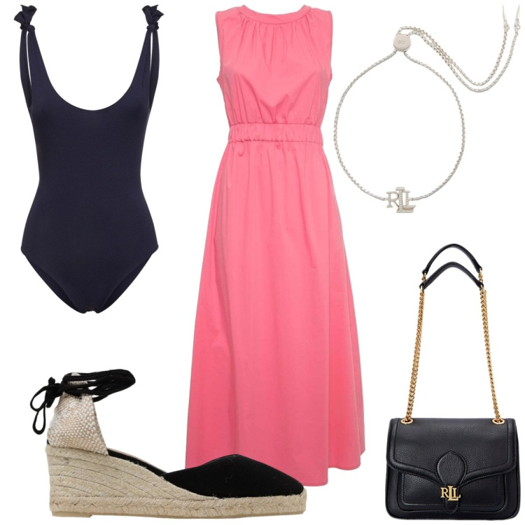 Outfit donna - Total look #1925995. Stile Trendy per Mare. Abbinamento con braccialetti, borse a spalla, vestiti lunghi, costumi interi, espadrillas.