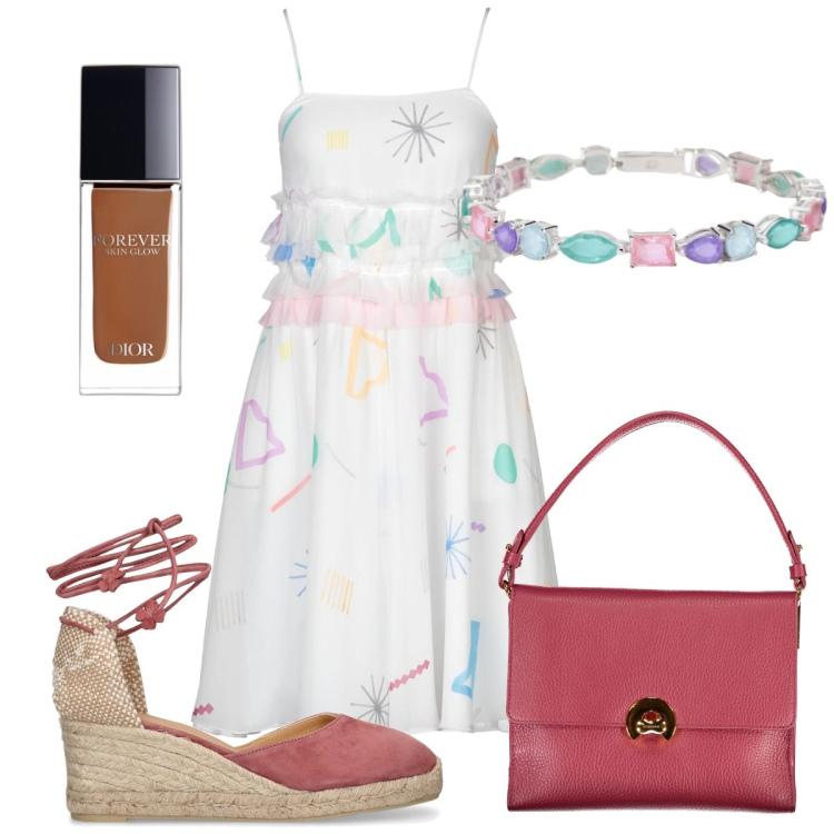 Outfit donna - Total look #1926008. Stile Trendy per Tutti i giorni. Abbinamento con vestiti corti, fondotinta, braccialetti, borse a spalla, espadrillas.