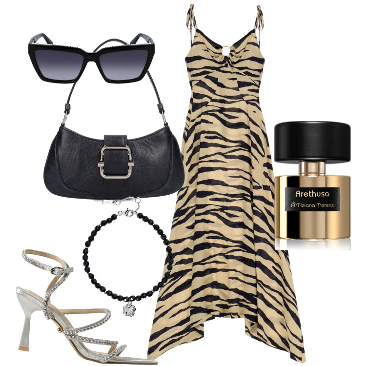 Outfit donna - Serata. Stile Glamour per Serata fuori. Abbinamento con vestiti lunghi, profumi, braccialetti, sandali col tacco, occhiali da sole, borse a spalla.