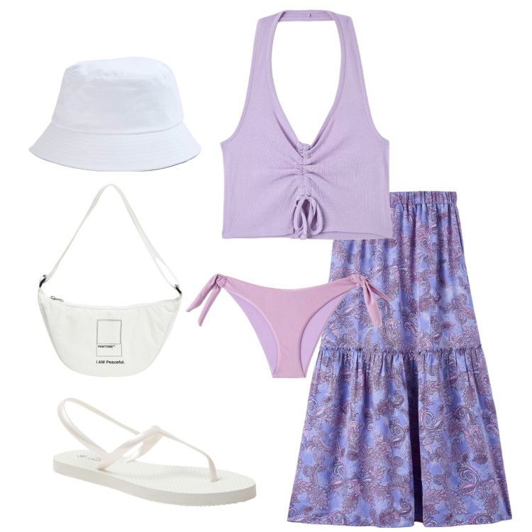 Outfit donna - Look per il mare!!!. Stile Minimal per Mare. Abbinamento con marsupi, sandali, gonne lunghe, cappelli, top, bikini.