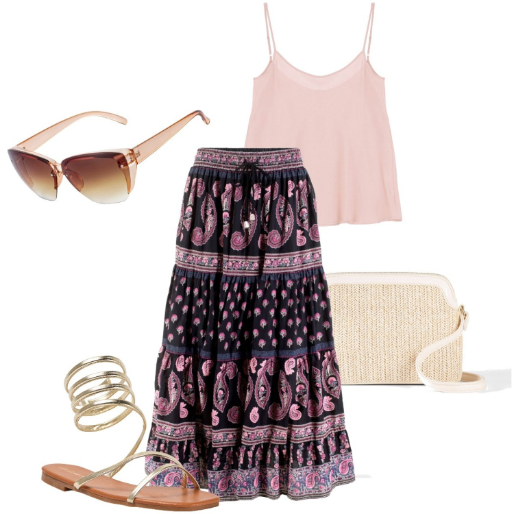 Outfit donna - La gonna boho. Stile Boho per Tutti i giorni. Abbinamento con gonne lunghe, borse a tracolla, occhiali da sole, sandali, top.