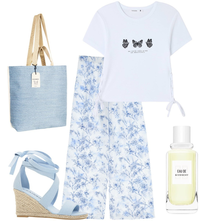Outfit donna - Fiocchetti laterali. Stile Casual chic per Tutti i giorni. Abbinamento con sandali, profumi, t-shirt, borse tote, pantaloni.