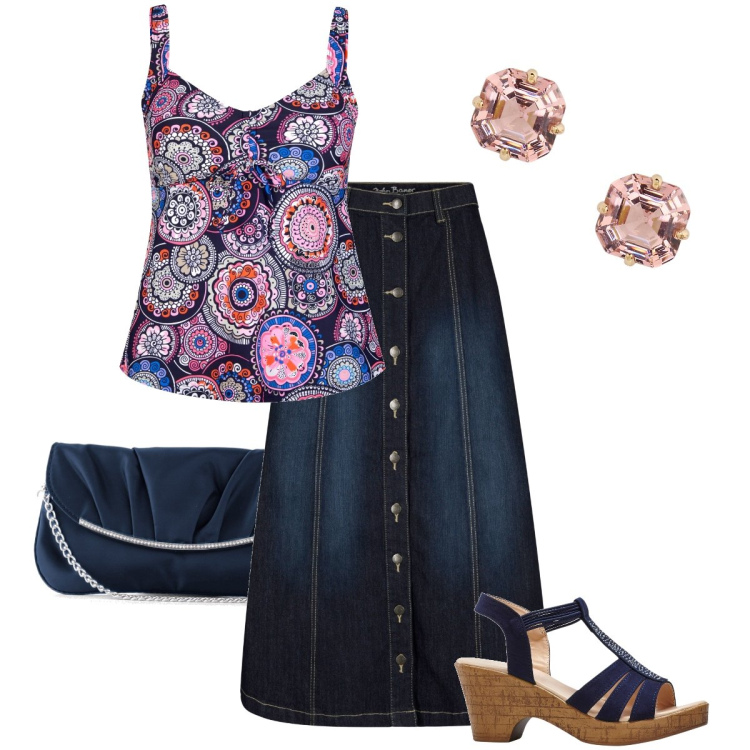 Outfit donna - La gonna con i bottoni. Stile Casual chic per Serata fuori. Abbinamento con gonne longuette, pochette, top, sandali, orecchini.