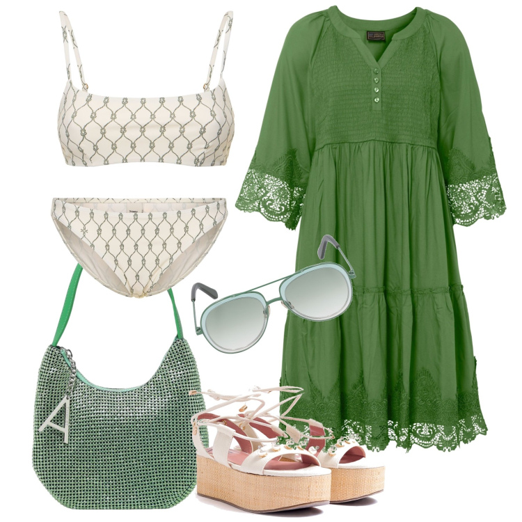 Outfit donna - Passeggio verso la spiaggia salentina. Stile Boho per Mare. Abbinamento con vestiti chemisier, sandali col tacco, borse a spalla, bikini, occhiali da sole, bikini.