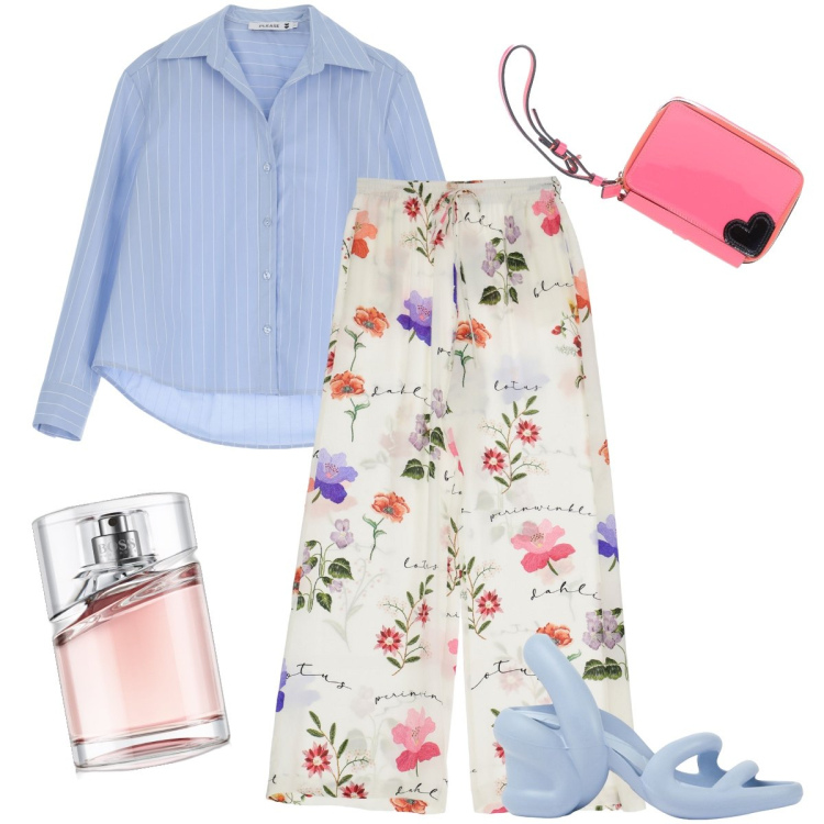 Outfit donna - Righe e fiori. Stile Trendy per Tutti i giorni. Abbinamento con borse a mano, profumi, camicie, pantaloni, sandali col tacco.