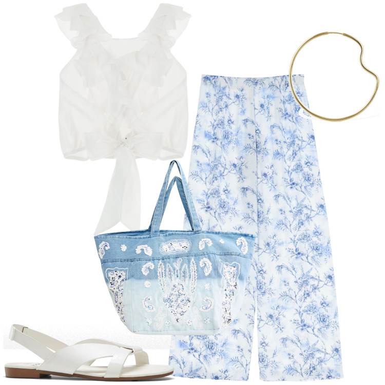 Outfit donna - Luglio. Stile Romantica per Tutti i giorni. Abbinamento con sandali, shopping bag, canottiere, pantaloni, orecchini.