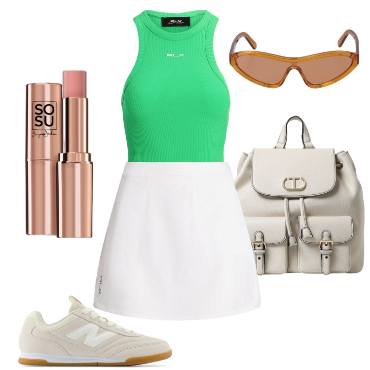 Outfit donna - Tennis mania. Stile Sporty chic per Sport. Abbinamento con blush, sneakers, canottiere, gonne, occhiali da sole, zaini.