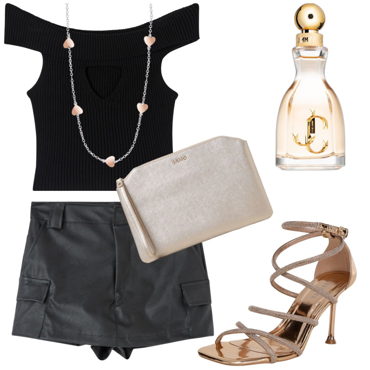 Outfit donna - Serate disco. Stile Glamour per Serata fuori. Abbinamento con profumi, sandali col tacco, minigonne, top, collane, clutch.