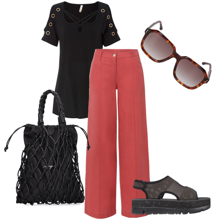 Outfit donna - La t-shirt con le borchie. Stile Basic per Tutti i giorni. Abbinamento con maglieria, pantaloni a palazzo, occhiali da sole, shopping bag, sandali.