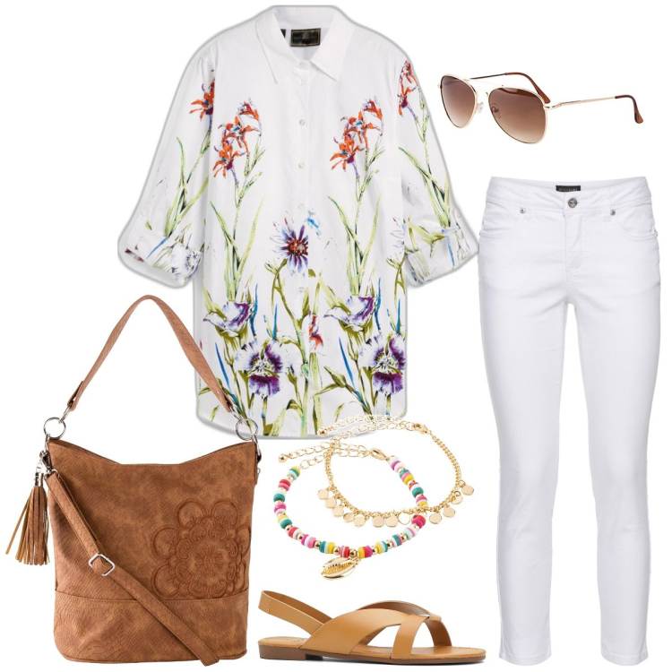 Outfit donna - Total look #1926085. Stile Casual per Tutti i giorni. Abbinamento con borse a mano, sandali, occhiali da sole, camicie, braccialetti con ciondoli, pantaloni.