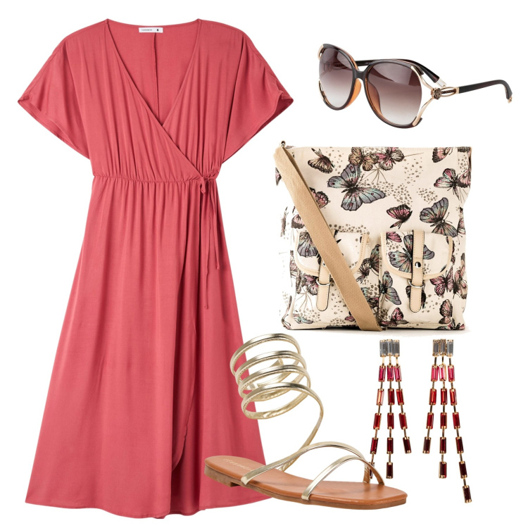 Outfit donna - Rosso farfalla. Stile Bon Ton per Tutti i giorni. Abbinamento con borse a tracolla, occhiali da sole, orecchini, vestiti lunghi, sandali.